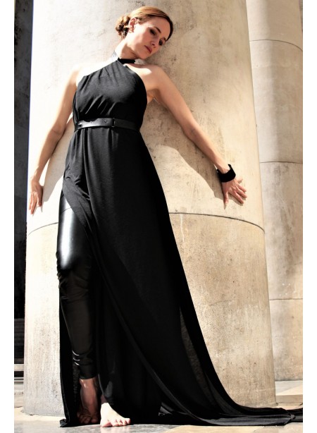 Long multiway dress L EGO - black jersey and leather
