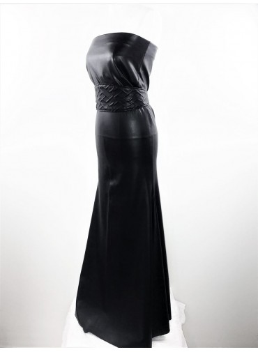 Transformable black long flaired Dresse - coated jersey in leather style