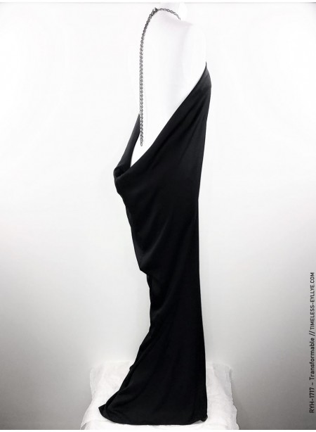 Robe longue modulable - décolleté fendu - soie noire + chaine métal